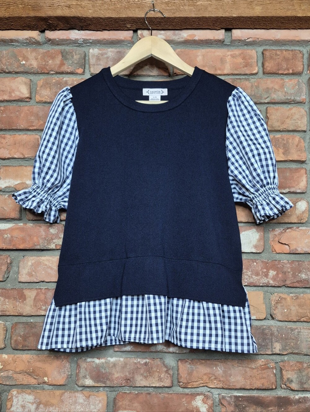 Nanette Lepore Navy Gingham Puff Sleeve Ruffle Hem Mixed Media Knit Top Large